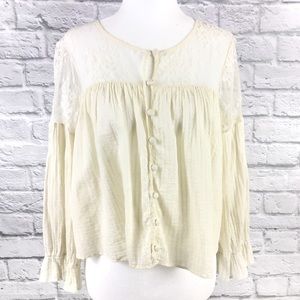 Free People Ivory Cotton Lace Button Blouse Sz Sm